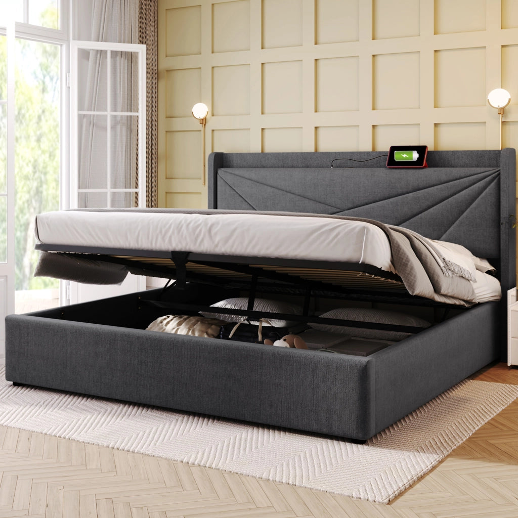 Letto Contenitore 140 × 200 cm; Letto Matrimoniale con USB; Tipo C e Testiera Geometrica; senza Materasso; Grigio