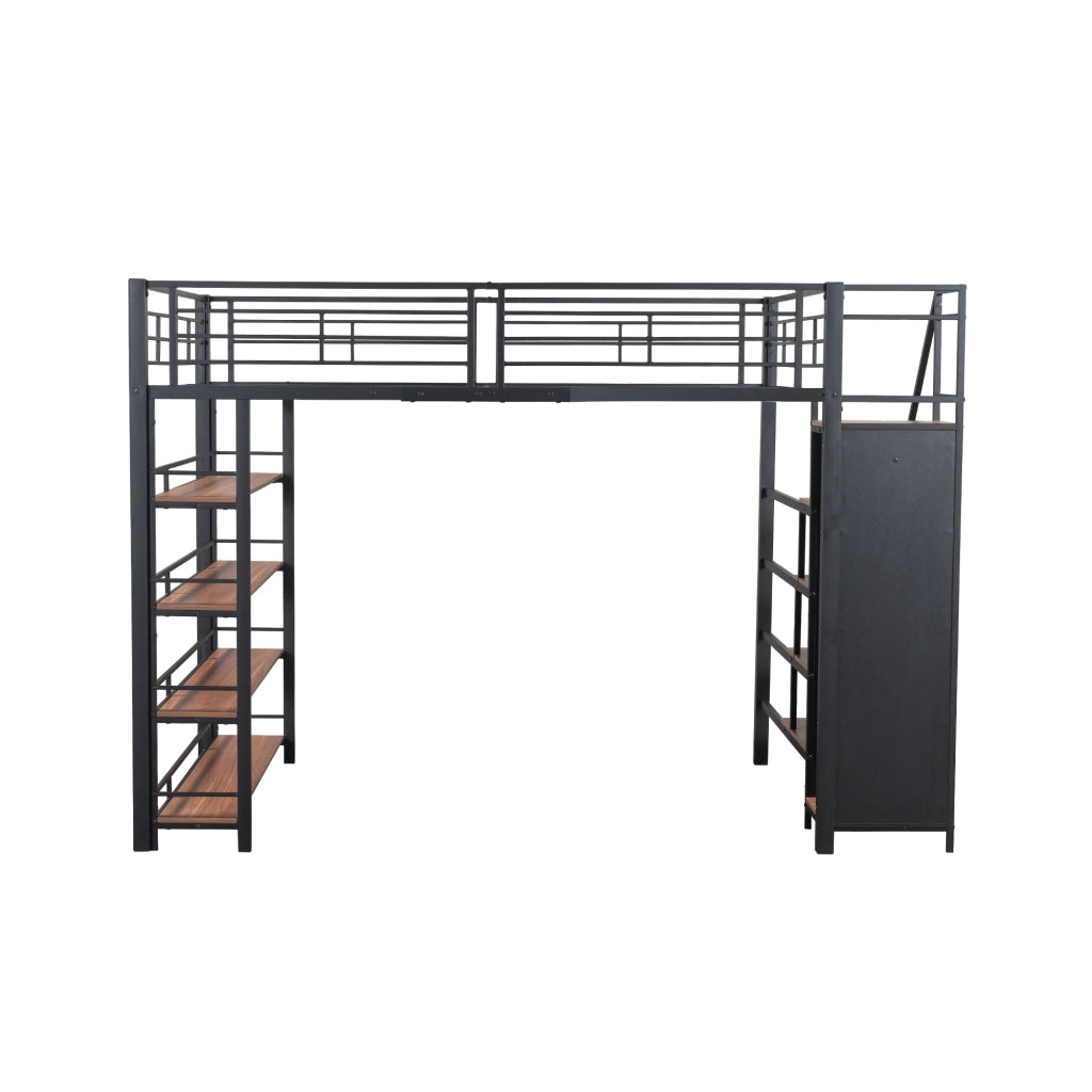 DESMIU Letto a Soppalco 2 Posti con Scala Contenitore, Armadio e Mensole 140 × 200 cm, Senza Materasso
