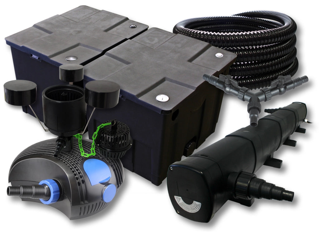 Set filtro per laghetto da 60.000l Chiarificatore 72W Pompa ECO 100W Tubo 25m Skimmer
