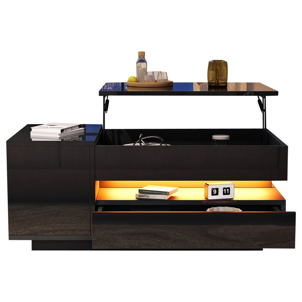 Tavolino da salotto alzabile con 1 Cassetto; 1 Anta; vano semiaperto e LED; Nero lucido; 95×50×40 cm