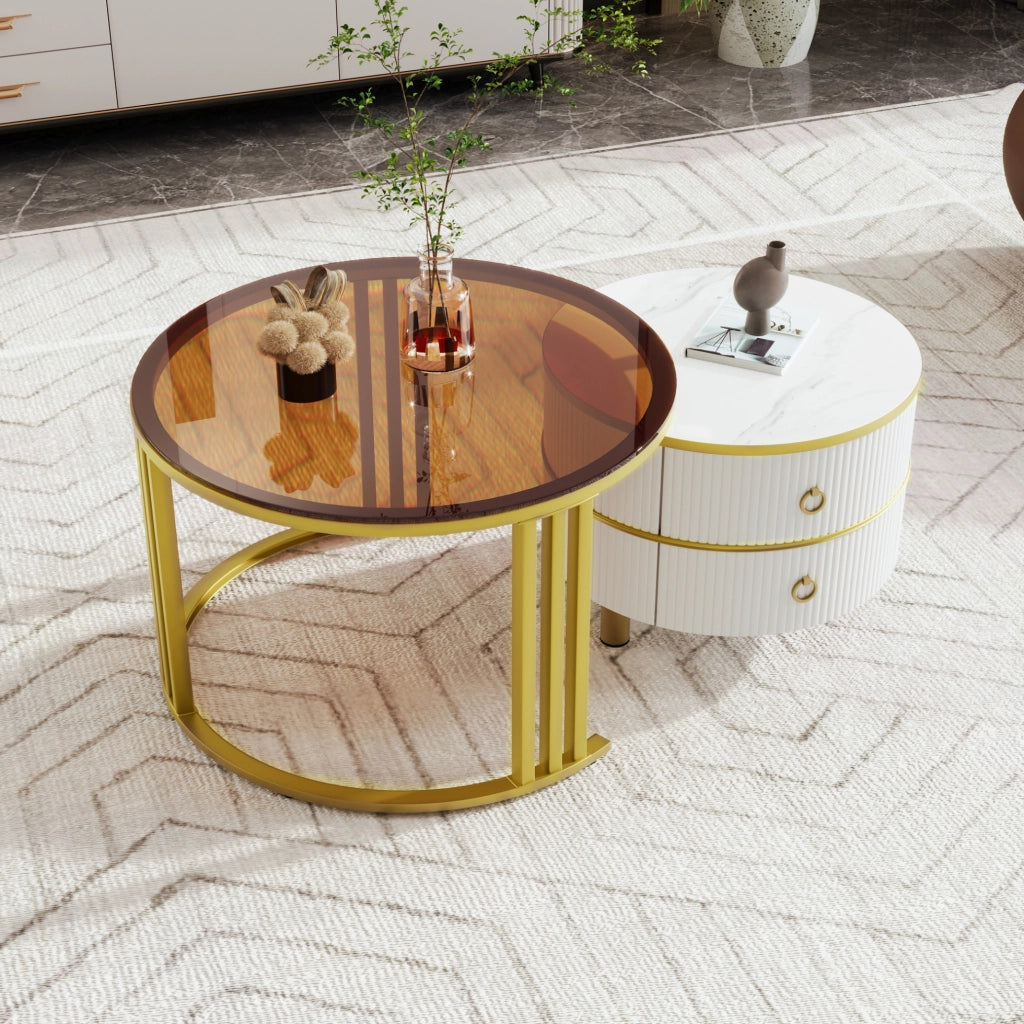 Set di 2 tavolini rotondi con 2 cassetti, bianco e oro