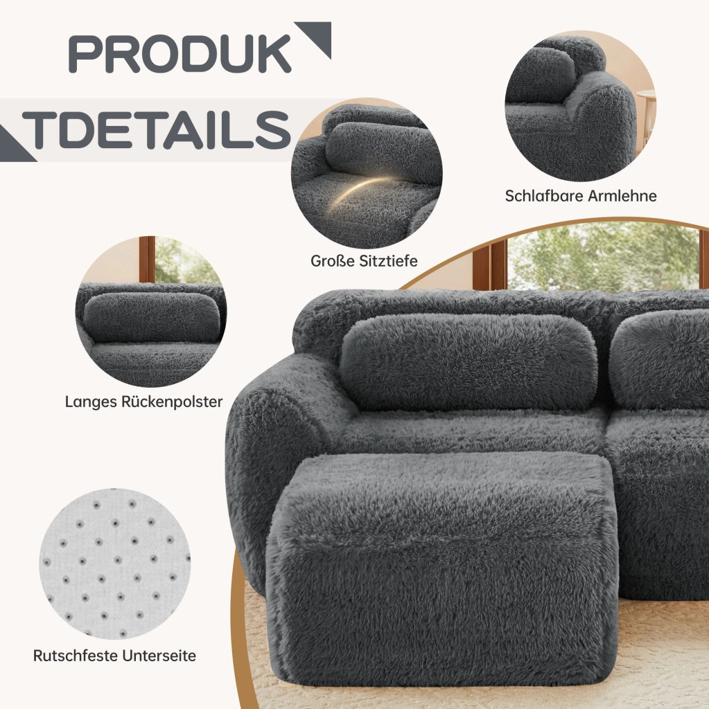 Divano modulare senza struttura in tessuto plush; 291×179×73 cm; grigio