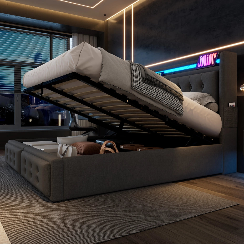 OKWISH Letto Contenitore 140×200 cm, Letto Matrimoniale con LED Regolabile, USB, Tipo C e Prese, senza Materasso, in Tessuto Cotone Lino, Grigio
