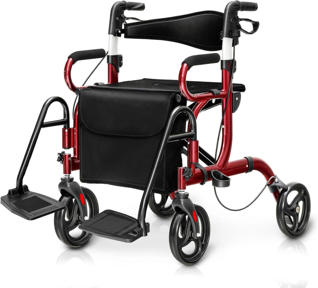 Deambulatore 2 in 1 per Anziani in Alluminio, Rollator Pieghevole e Regolabile in Altezza con Sedia, Schienale Reversibile, Manici Regolabili, Ruote, Poggiapiedi e Borsa Rimovibile (Nero)