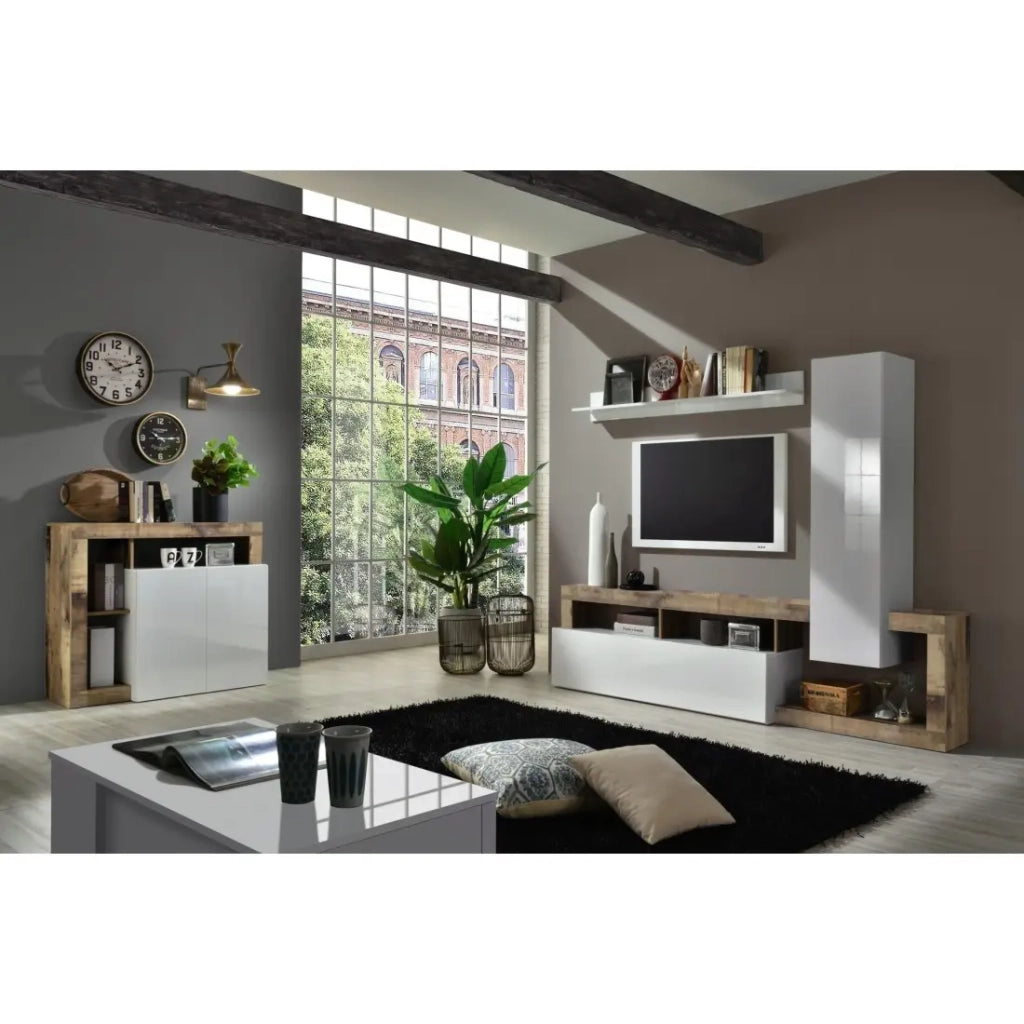 Buffet 2 porte collezione BURA, colore bianco lucido laccato e rovere chiaro