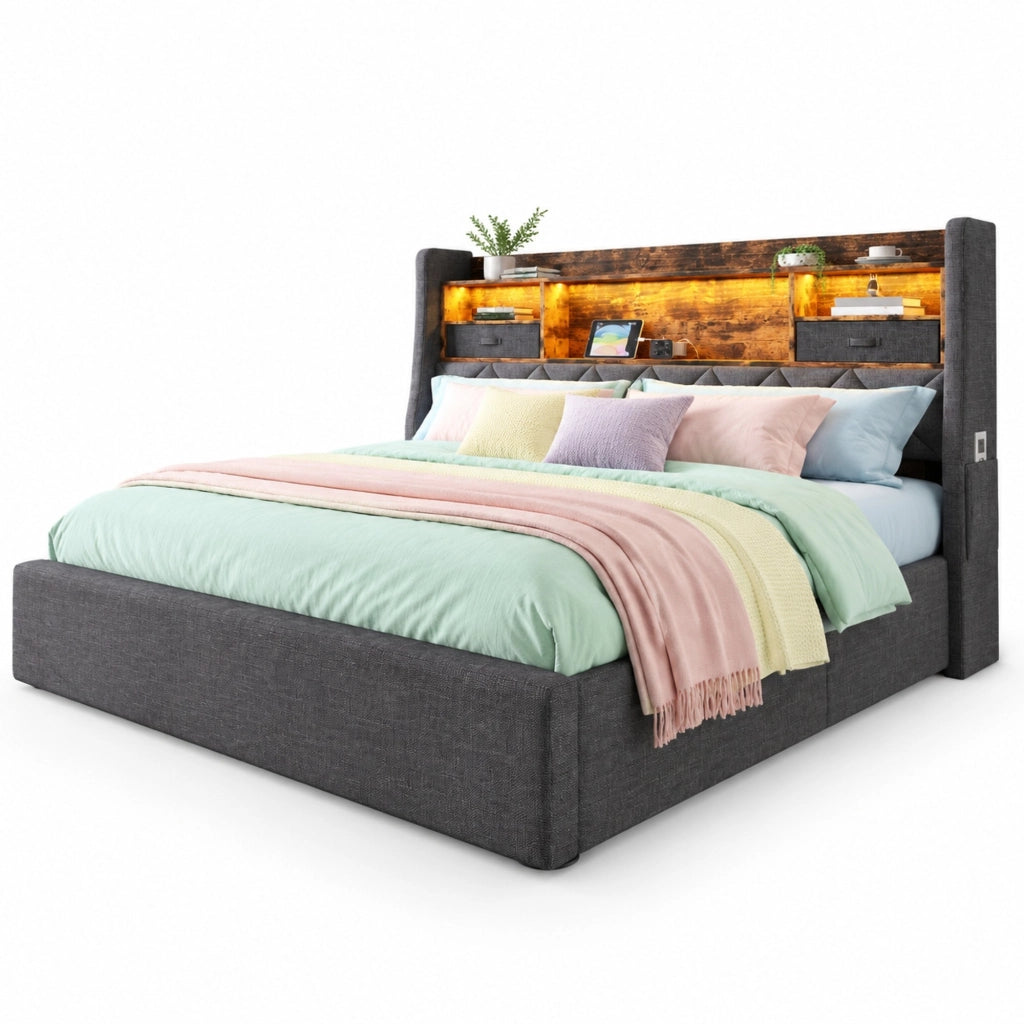 Letto 140x200 cm in lino grigio con contenitore， LED e USB， senza materasso