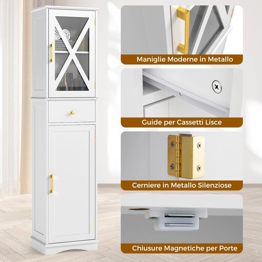 Armadietto da Bagno 40 x 30 x 168 cm, Colonna Bagno con Cassetto, 2 Ante e 3 Ripiani Regolabili, Mobiletto Salvaspazio per Cucina, Soggiorno e Ufficio (Bianco)