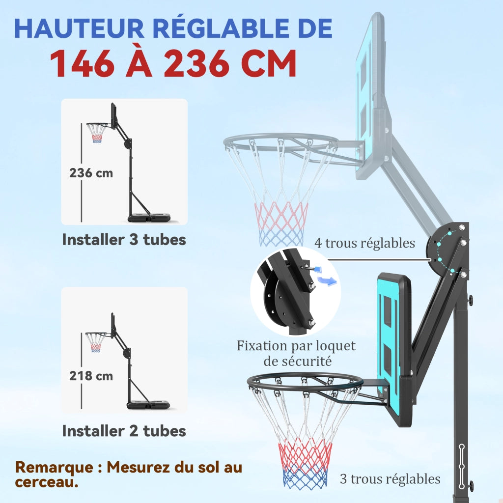 Canestro da Basket Esterno Regolabile 146-236cm con Ruote e Base Riempibile Nero ¨C zephmum ¨C Nero