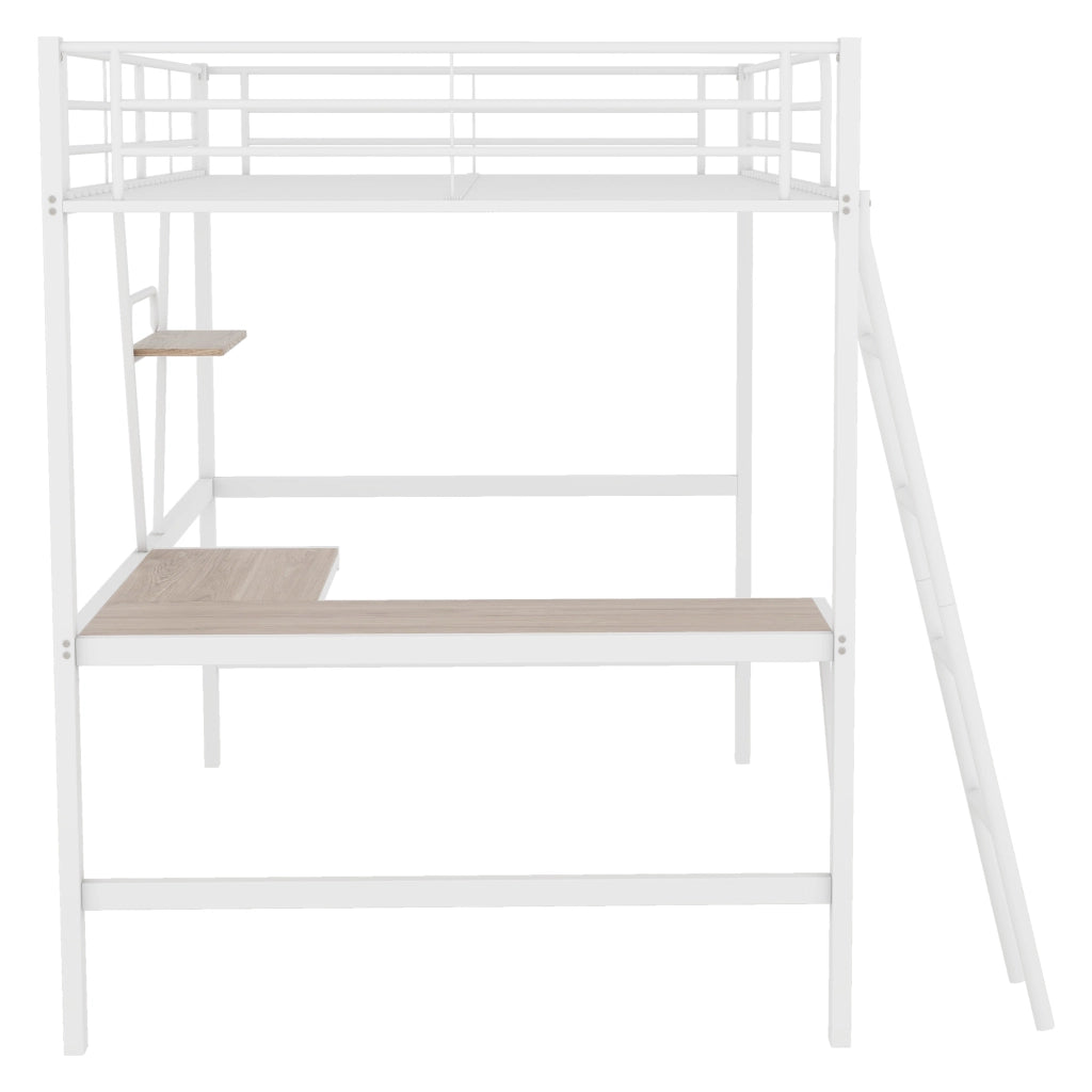 Letto a Soppalco Singolo con Scrivania a L e Scaffale; 90×200 cm; senza Materasso; Metallo; Bianco