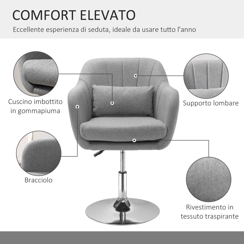 Sedia Girevole da Scrivania Grigio, Regolabile a 360 Gradi con Braccioli e Cuscino, Design Moderno per Casa e Ufficio, 60x60x79-91 cm