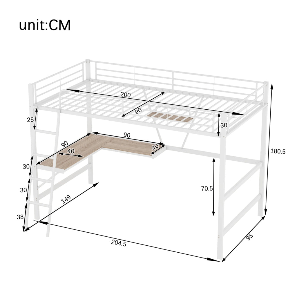 Letto a soppalco 90x200 cm con scrivania a L e scaffale bianco