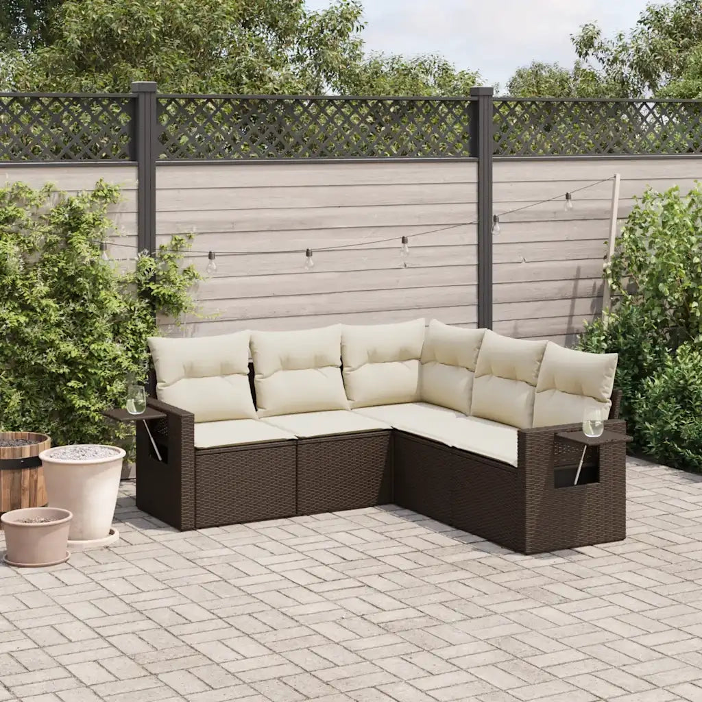 Set Divano da Giardino 5 pz con Cuscini-Sofa da Giardino-Divanetto da esterno Marrone in Polyrattan 835979