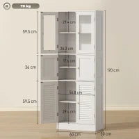 Mobile Bagno con 3 Armadietti a 2 Ante in Vetro e Legno, Ripiani Regolabili, 60x30x170 cm, Bianco