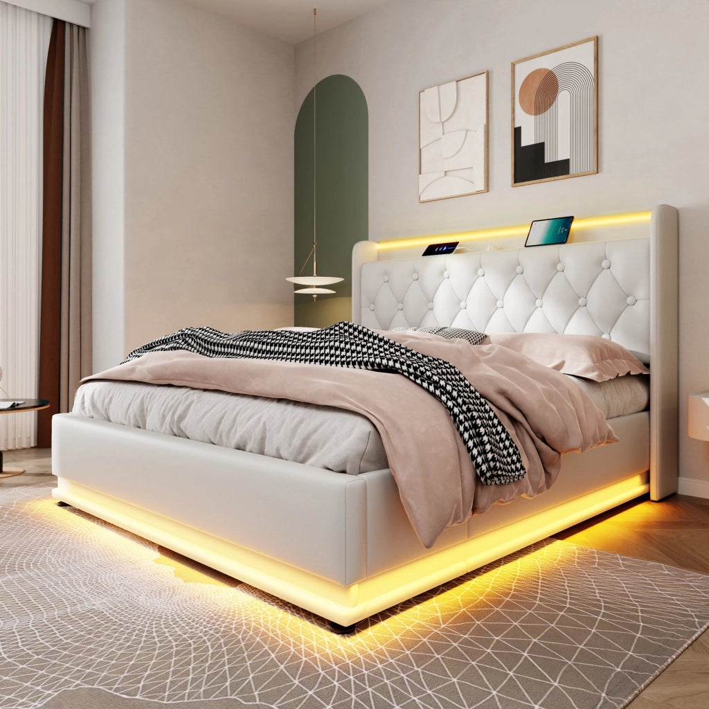 LETTO Contenitore 160x200 cm in PU Bianco con LED e USB Type-C