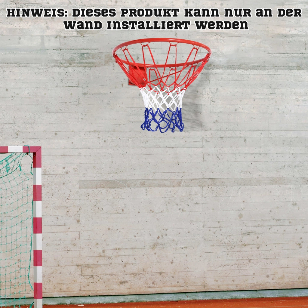 Canestro da basket con rete, 46 cm, tubo in acciaio e nylon, rosso, blu, bianco, ideale per giardino e tempo libero