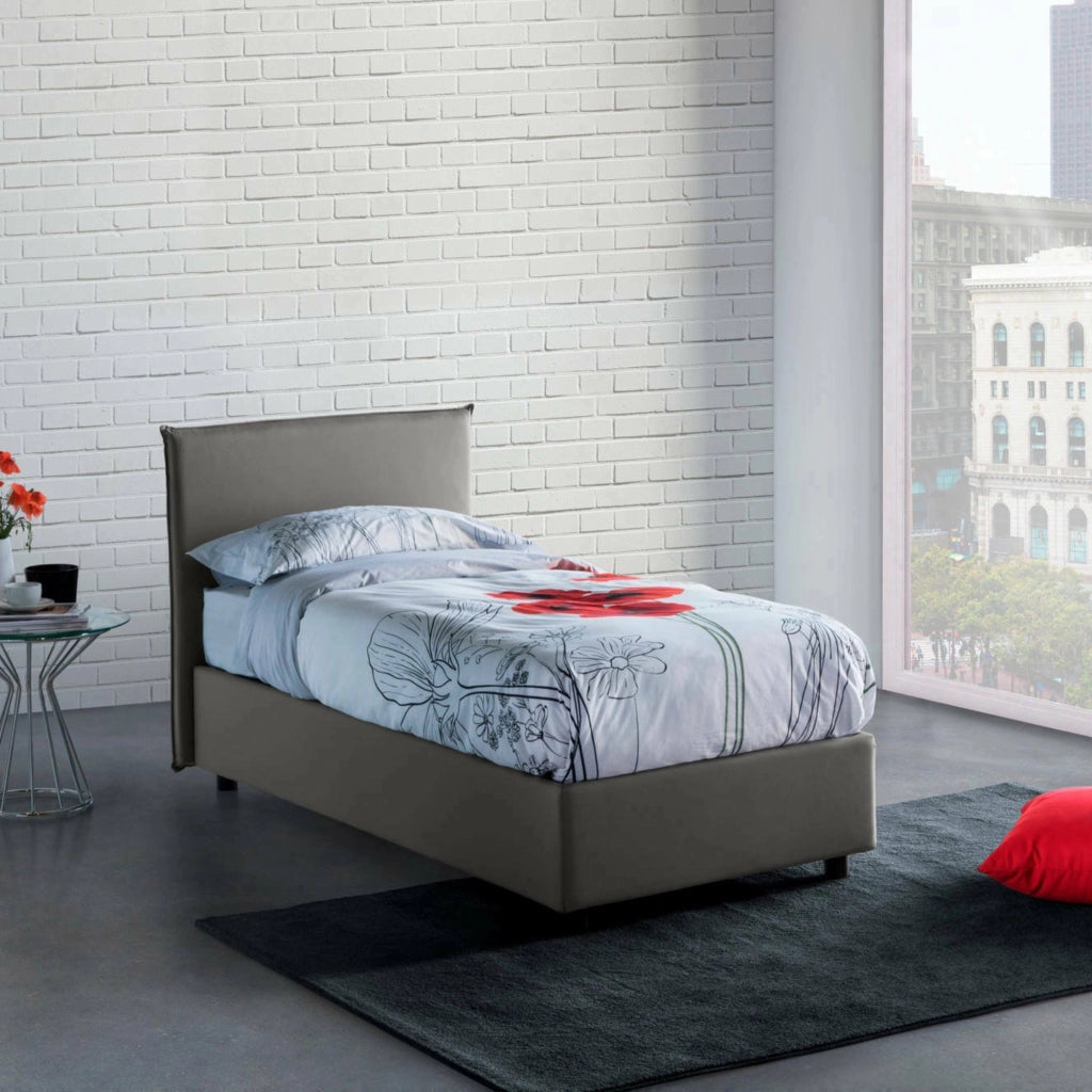 Letto singolo Astor, Letto contenitore con rivestimento in tessuto, Made in Italy, Apertura laterale, con materasso cm 80x190 incluso, Grigio