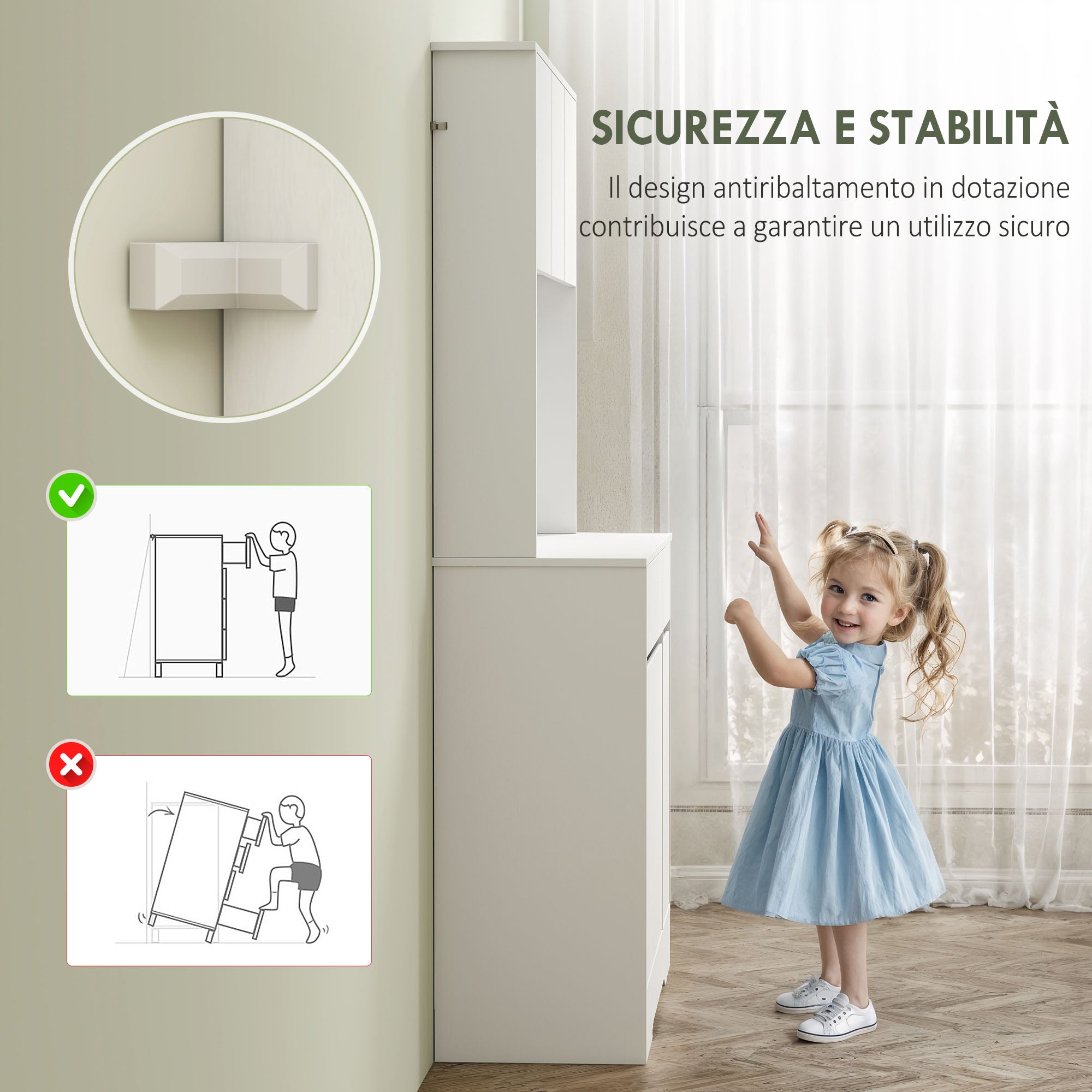 Credenza da Cucina Moderna 100x38x180 cm con 4 Armadietti 2 Cassetti e Ripiani Regolabili Bianco