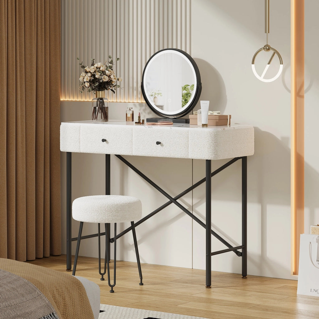 Tavolo Trucco con LED e Sgabello ¨C MINIMAL ¨C Bianco e Nero, 2 Cassetti, Piano Marmo, 100x40x120