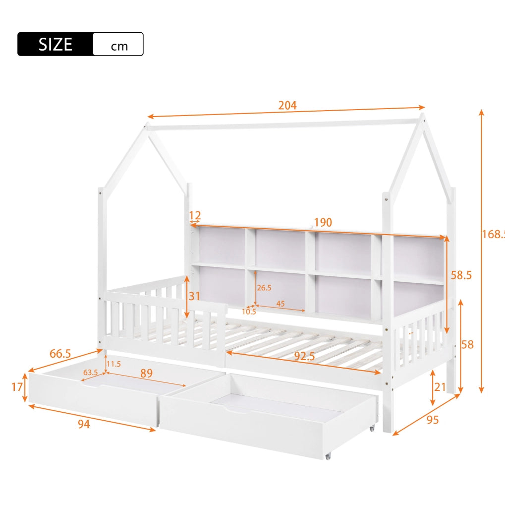 Letto per bambini a casetta 200x90 cm con 2 cassetti; scomparto portaoggetti; pino bianco