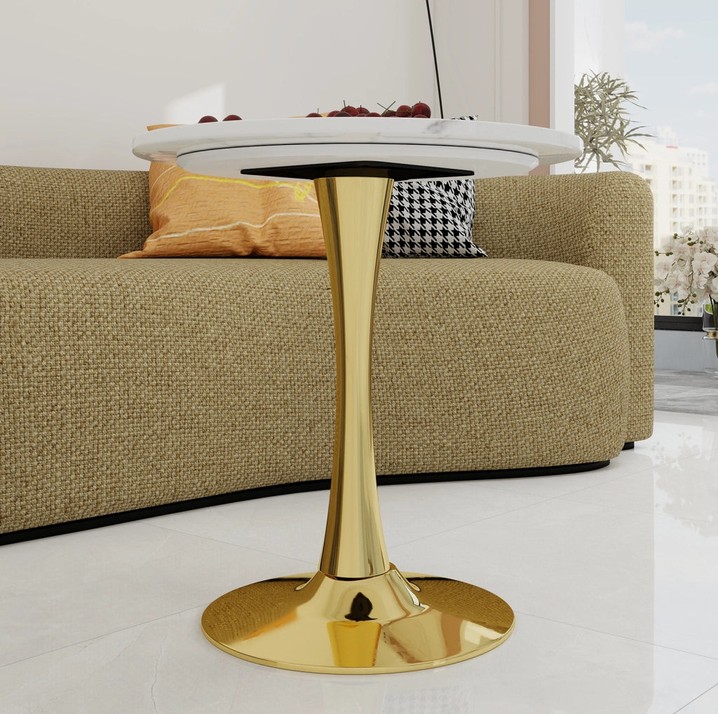 Tavolino rotondo da salotto in marmo artificiale bianco e oro dal design moderno