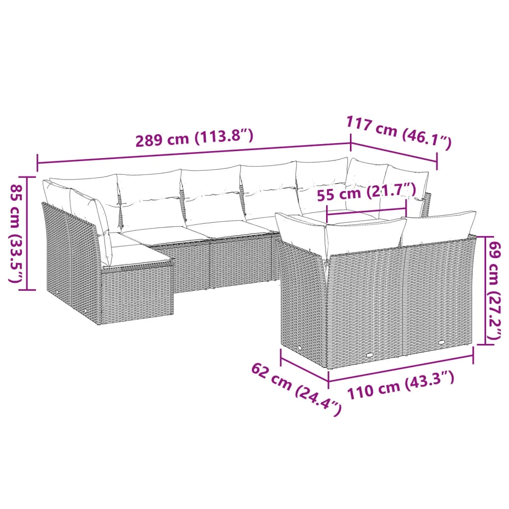 Set Divano da Giardino 9pz con Cuscini Grigio Chiaro Polyrattan