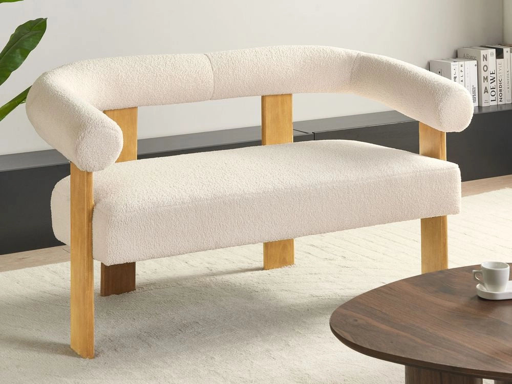 Divano a 2 posti Boucle bianco sporco e Marrone chiaro stile retrò gambe in legno