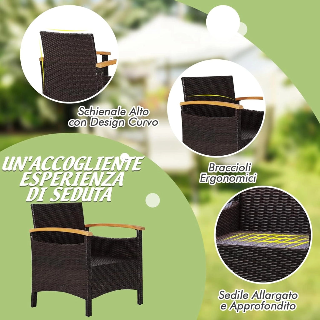 Set di 3 Pezzi di Mobili da Patio, 1 Tavolino e 2 Sedie, con Cuscino Rimovibile, Set di Divani in Rattan per Cortile Piscina Balcone e Patio