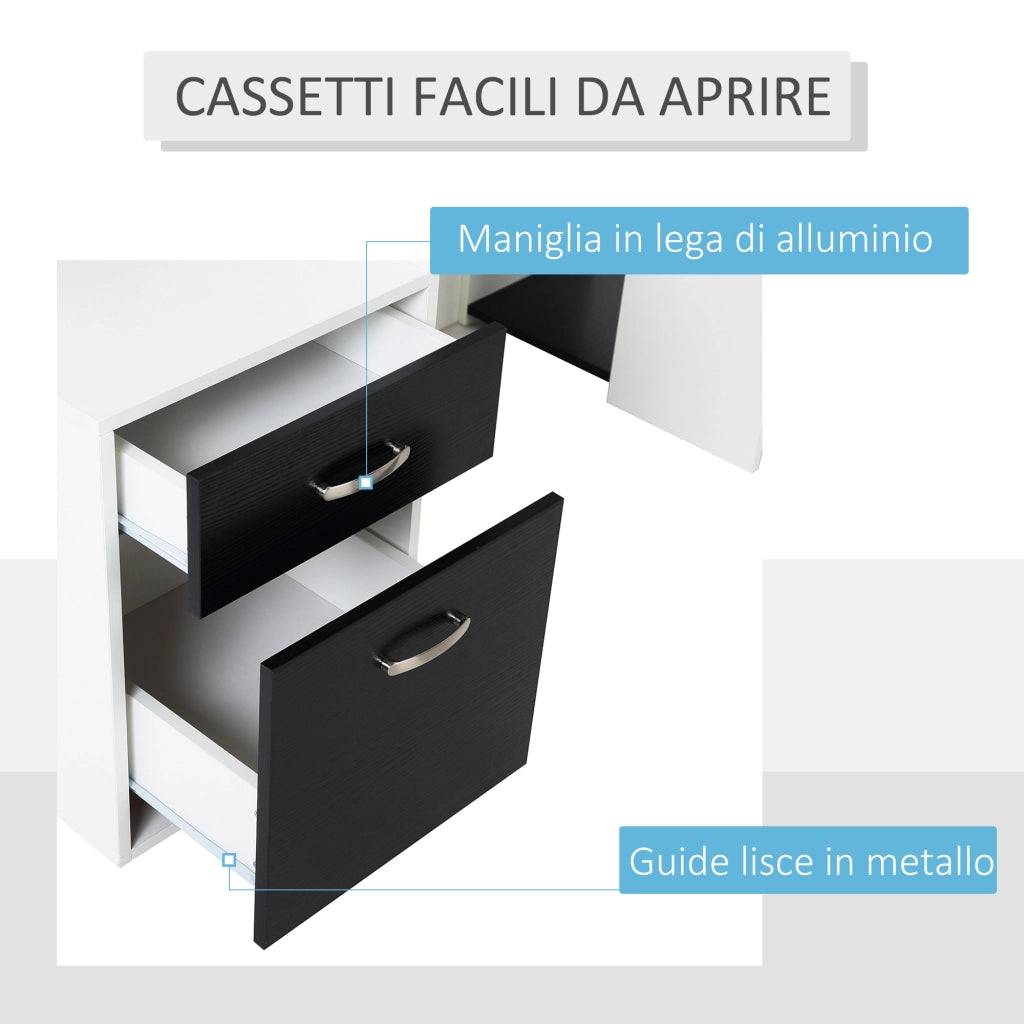 EasyComfort Scrivania per Ufficio con Ripiano Stampante, 2 Cassetti e 3 Mensole, in MDF Bianco e Nero, 137 x 55 x 92cm