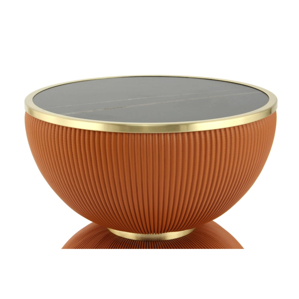 Tavolino di design Jokai in pietra sinterizzata e pelle PU cognac