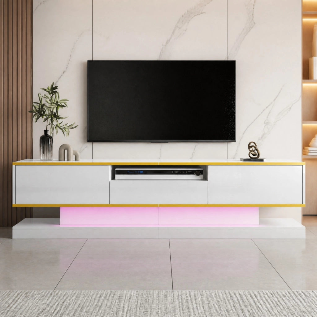 MOBILE TV 180x38x45 cm Bianco lucido con LED multicolore e 3 cassetti