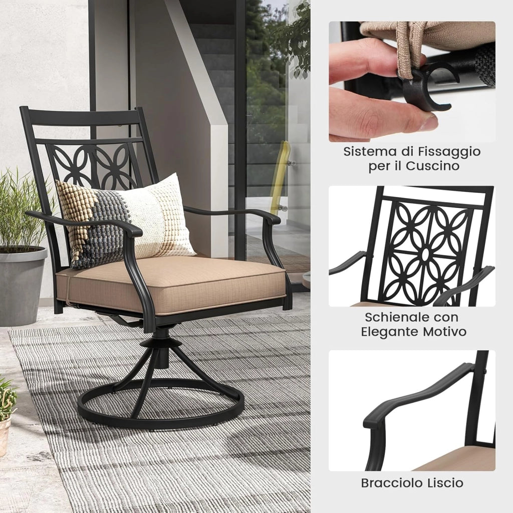 Sedie Girevoli per Giardino, Set di 2 Sedie da Esterno con Telaio in Metallo Resistente, Cuscino Morbido, Schienale a Motivo Floreale, Sedia Girevole per Giardino e Balcone