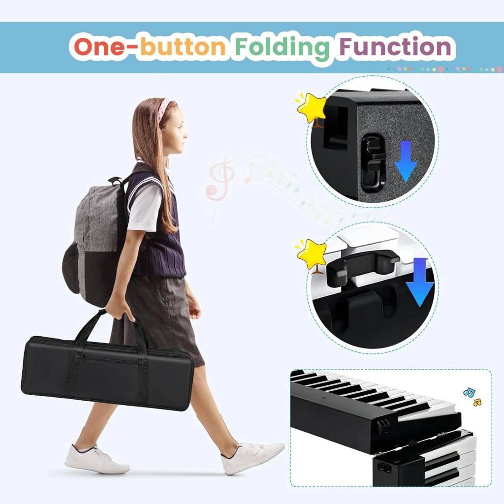 Pianoforte Digitale 88 Tasti Pieghevole, Tastiera Elettronica Multifunzionale con Pedale Sustain per Principianti, Pianola Portatile con Borsa per Pianoforte (Nero)