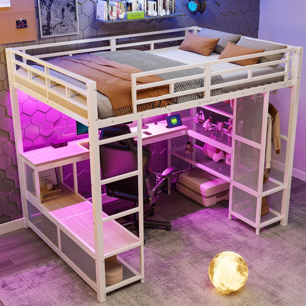 Letto a Soppalco con Contenitore e Armadio ¨C MINIMAL ¨C Metallo Bianco 140x200 LED USB