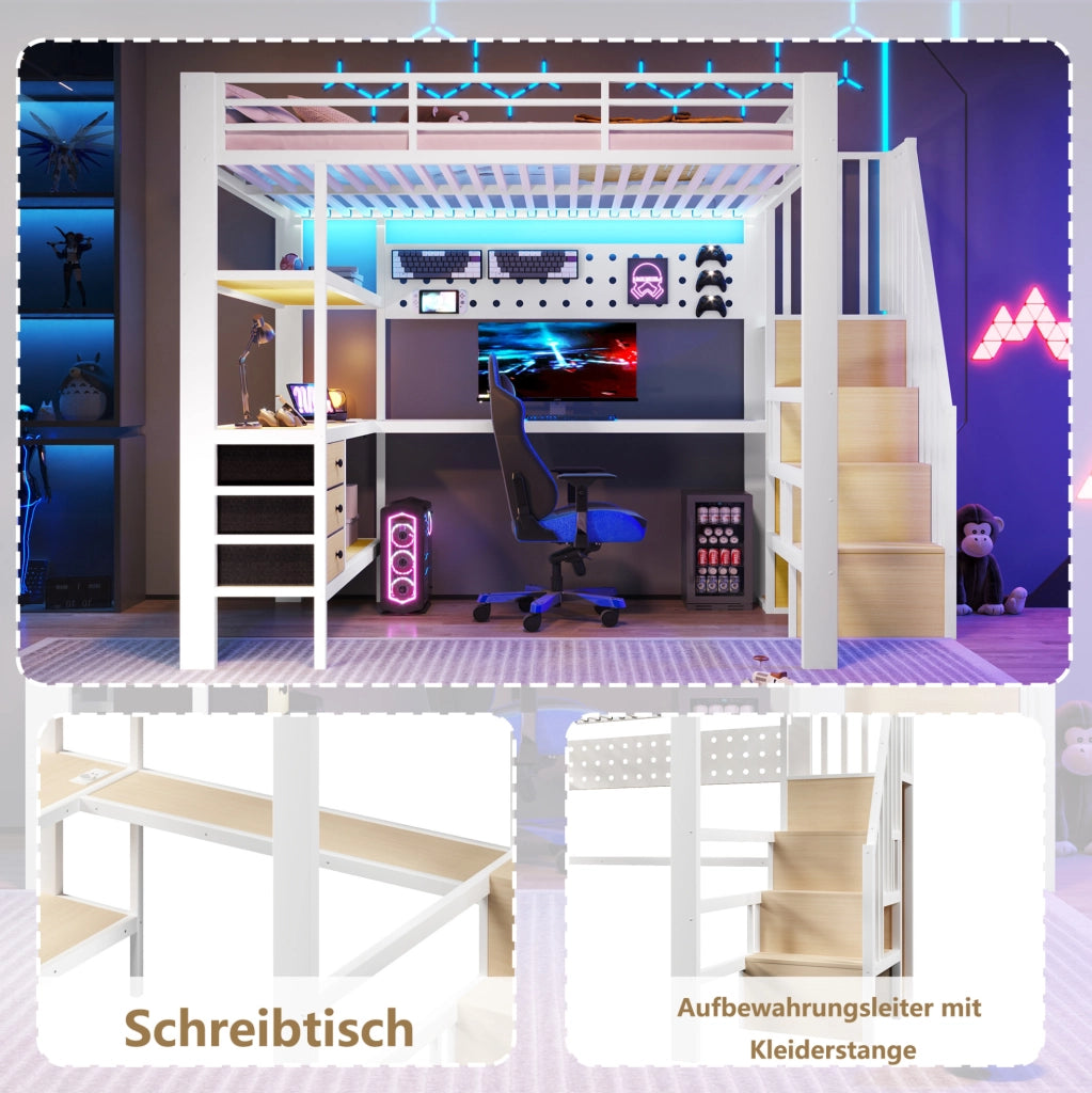 Letto a soppalco 140x200 cm con scrivania, LED e cassetti