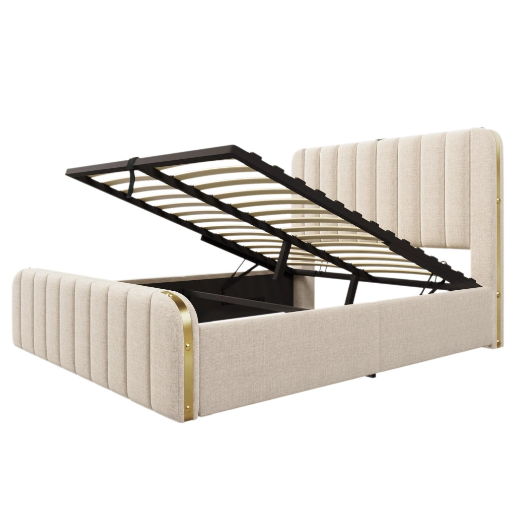 Letto matrimoniale contenitore 160x200 cm con porta USB e USB C; lino beige