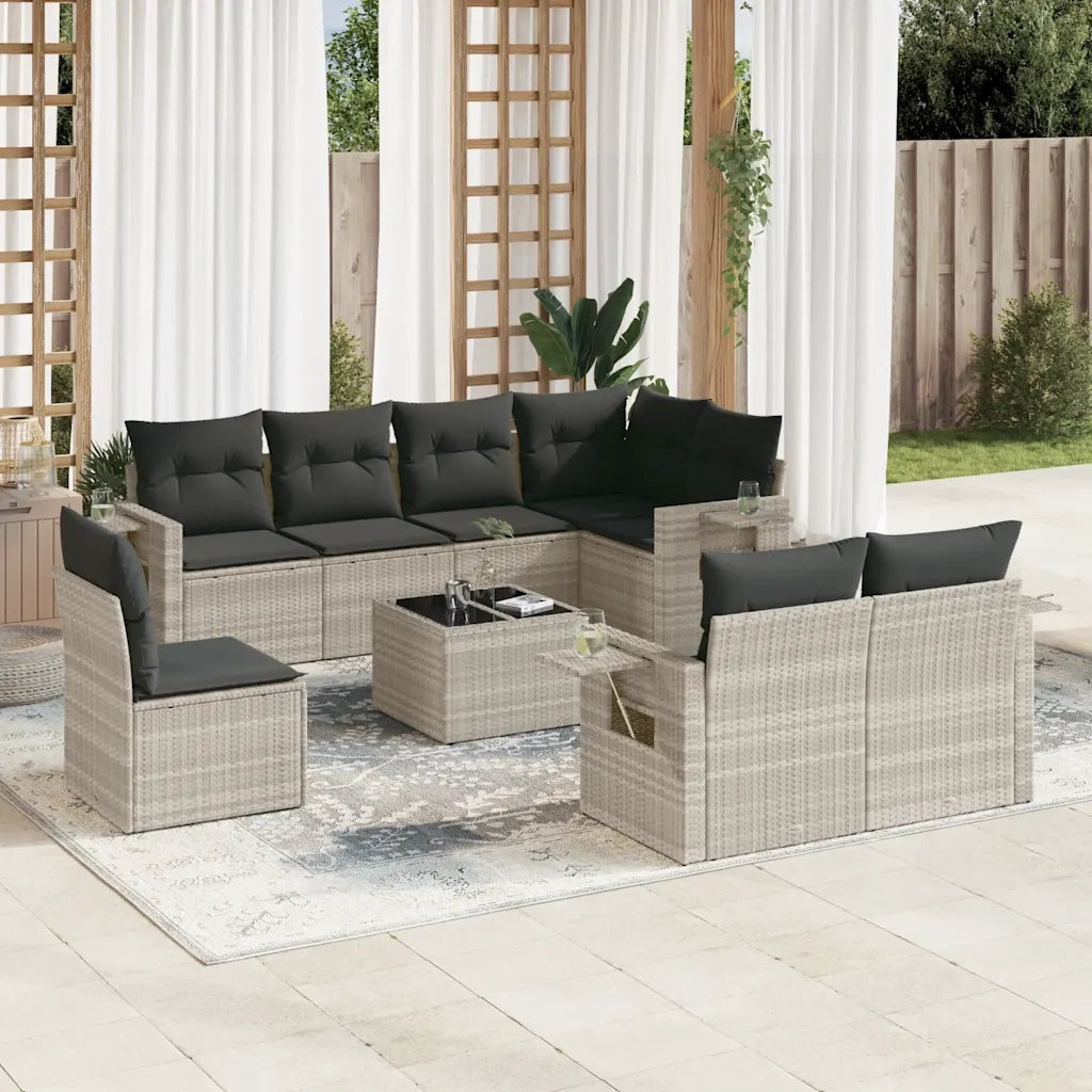 Set Divano da Giardino 9pz con Cuscini Grigio Chiaro Polyrattan