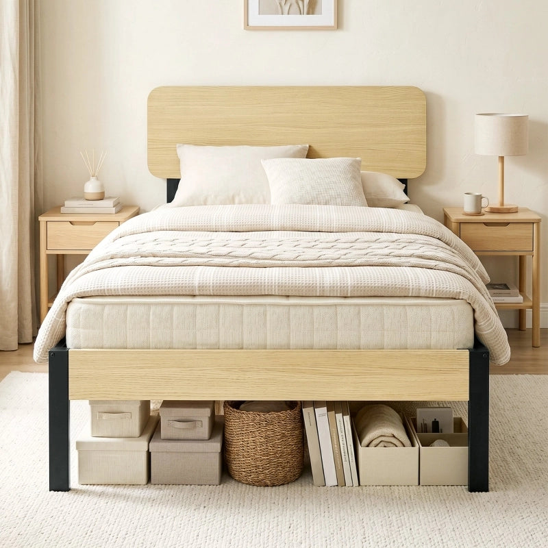 LETTO 90x200 cm con testiera in metallo e legno naturale, stile moderno