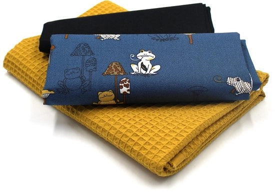 Set di stoffa per wafel piqué + set di tessuti in cotone, stoffa coordinata a colori per wafel, 100% cotone, Tex Standard 100, set 44 (kikkers-paddenstoelen)