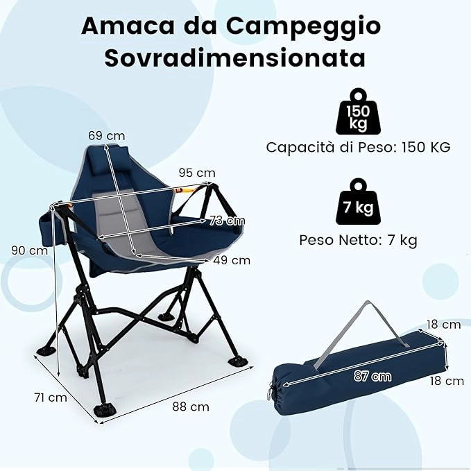 Sedia da Campeggio Amaca, Sedia a Dondolo Pieghevole con Portabicchieri, Schienale Regolabile, Poggiatesta, Sedile a Dondolo per Giardino, Patio, Prato, Portata 150 kg (Blu)