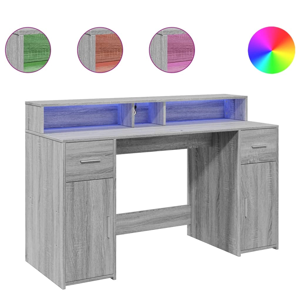 Scrivania tavolo postazione di lavoro mobile per computer mobile per studio e luci a LED Sonoma 140 x 55 x 91 cm legno ingegnerizzato grigio 02_0023807