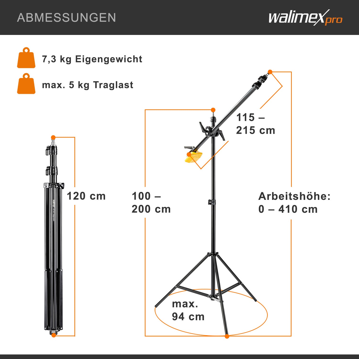 WT-501 Stativo a giraffa 100-410 cm, Treppiedi per luci regolabile, con braccio di supporto da 215 cm, contrappeso da 4,4 kg, per softbox, luce da studio, riflettore, flash
