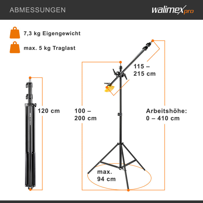 WT-501 Stativo a giraffa 100-410 cm, Treppiedi per luci regolabile, con braccio di supporto da 215 cm, contrappeso da 4,4 kg, per softbox, luce da studio, riflettore, flash