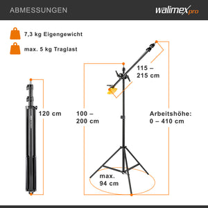 WT-501 Stativo a giraffa 100-410 cm, Treppiedi per luci regolabile, con braccio di supporto da 215 cm, contrappeso da 4,4 kg, per softbox, luce da studio, riflettore, flash