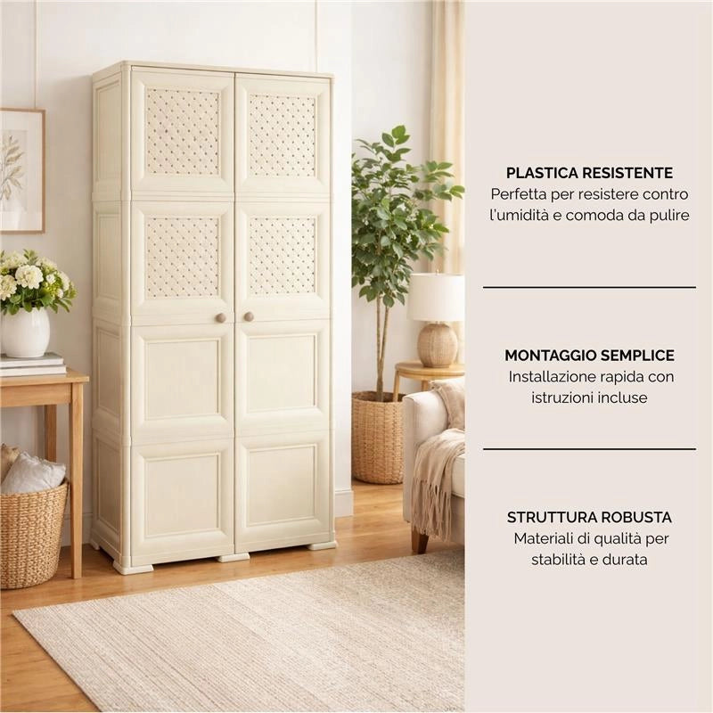 ARMADIO 4 MODULI ANGORA 79X43X164 CM CON 4 RIPIANI E ANTE TRAFORATE – MOBILE ALTO DECORATIVO PER ZONA GIORNO E INGRESSO