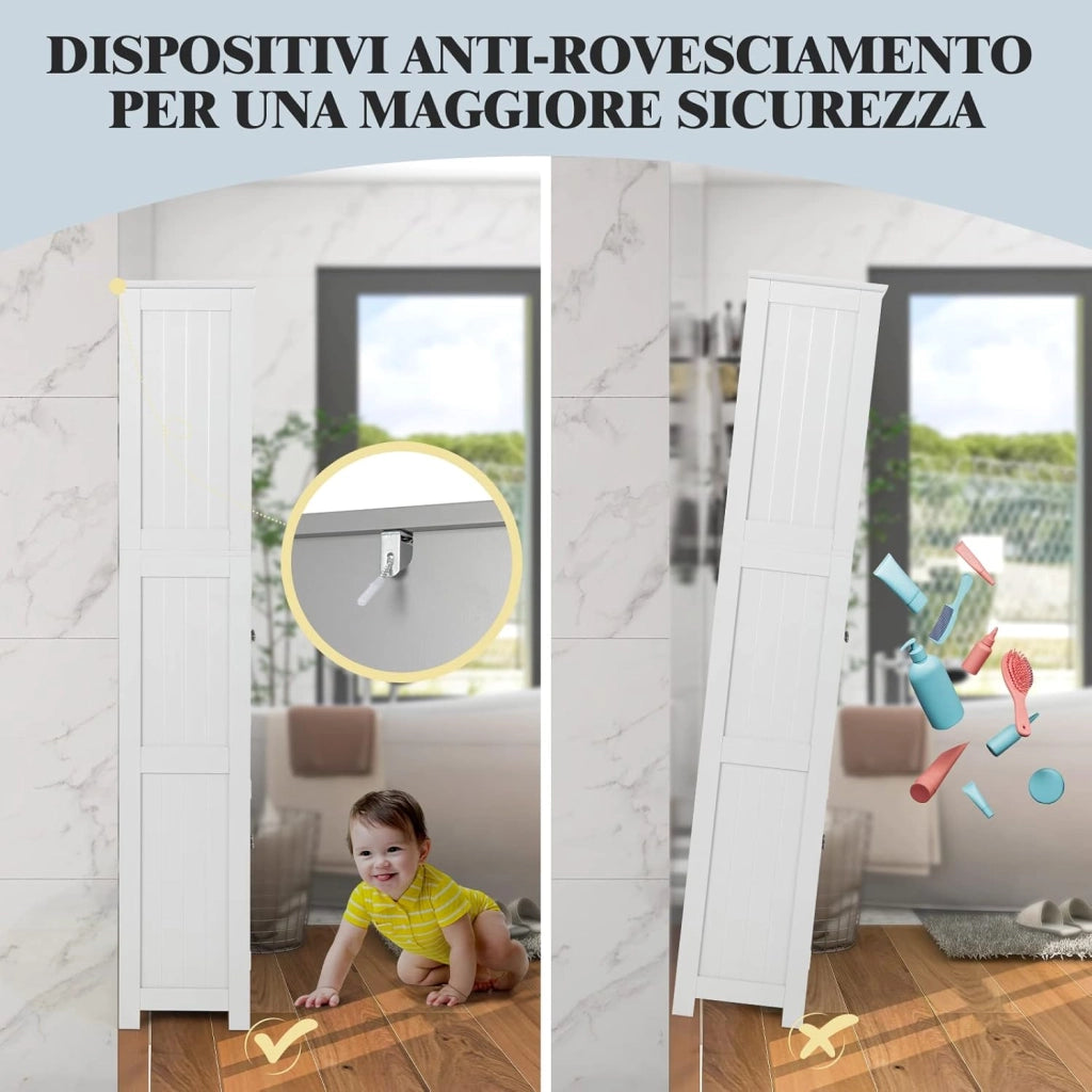 Armadio da Bagno, Mobiletto Alto da Terra con 2 Armadietti e Ripiani Regolabili, con Ante in Vetro, Mobile Portaoggetti Multiusi per Bagno Soggiorno, 60x30x163 cm (Bianco)