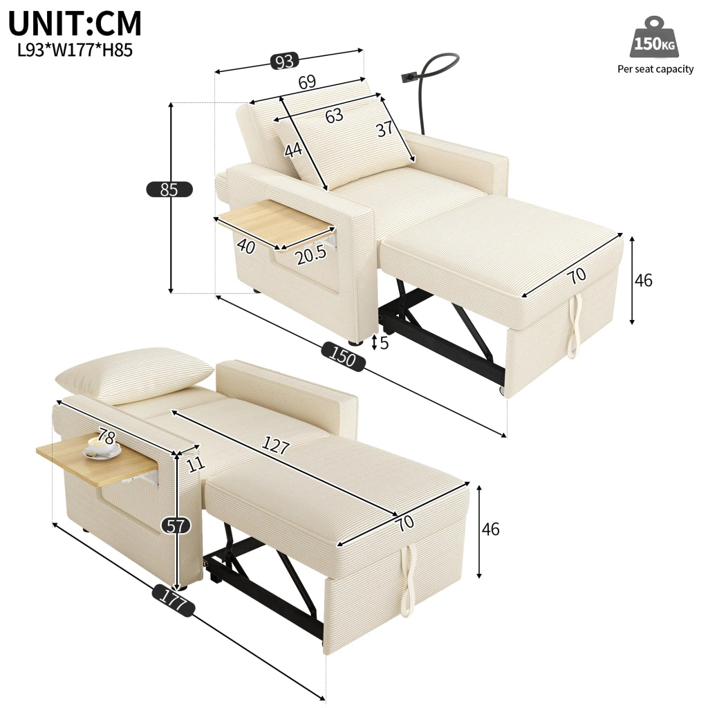 Divano letto 1 posto - con schienale regolabile; USB e porta smartphone - in tessuto a coste beige