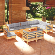 Set Divani da Giardino 11 pz con Cuscini Grigi Massello di Pino 3096784