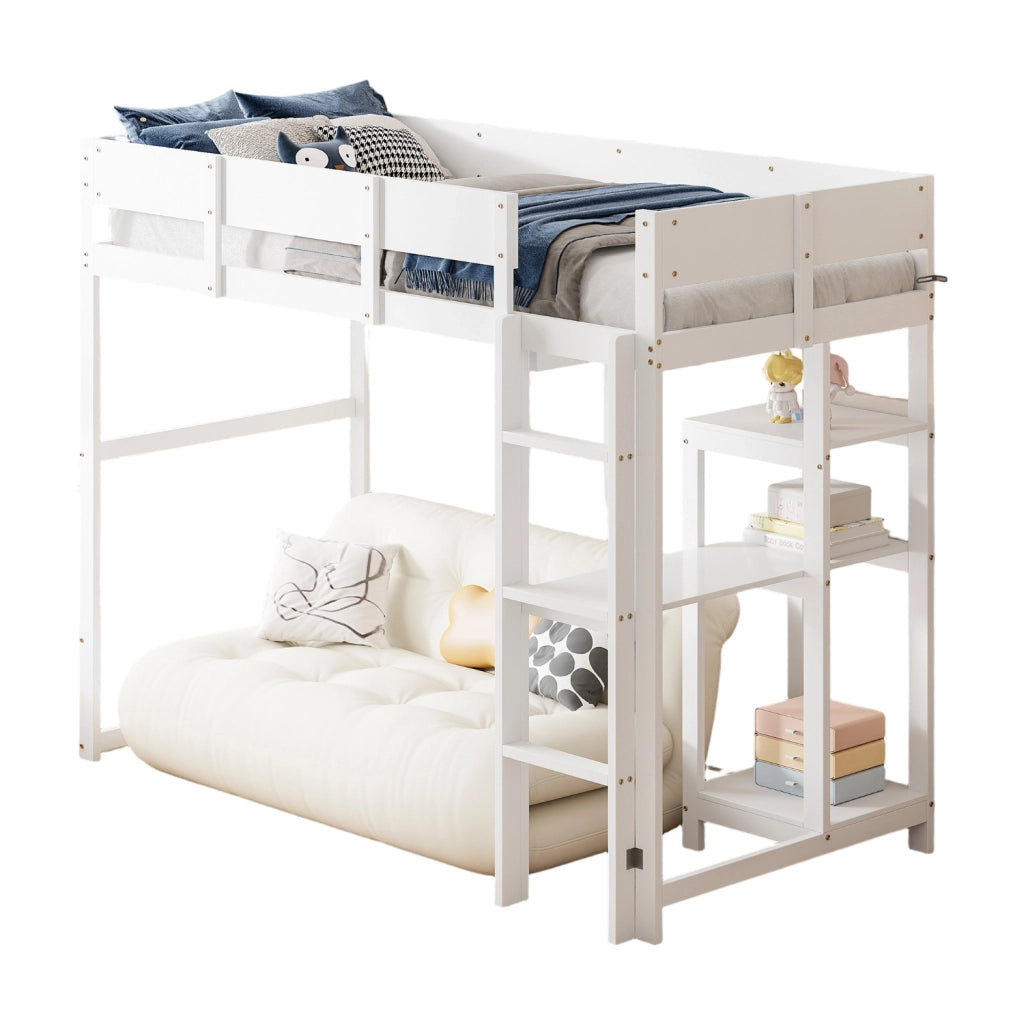 Hochbett 90x200 cm con ripiano; design salvaspazio in legno bianco
