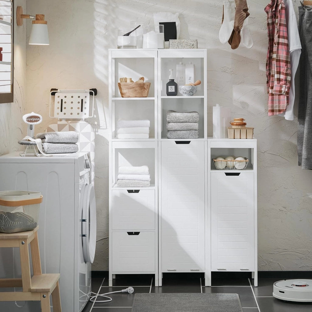 Mobile Bagno Salvaspazio con Portabiancheria Colonna Bagno 145cm con Ripiani Aperti e Cesto Estraibile Armadio Alto Bianco BZR123-W