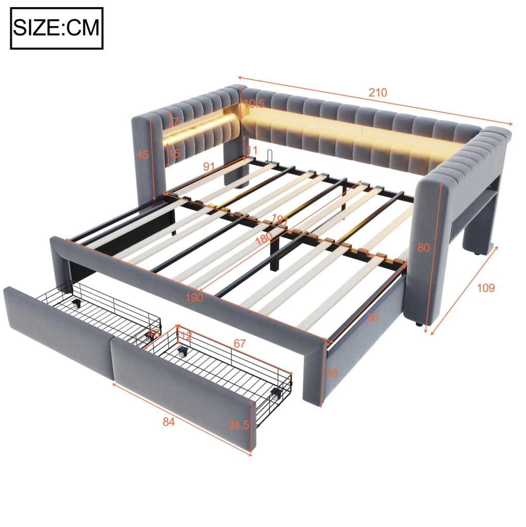 Divano letto ULEVR 90x190 cm estraibile in 180x190 cm con 2 cassetti, LED, USB e Type-C, velluto grigio
